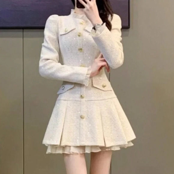 Apricot Elegant Women's Sequin Tweed Pleated Single Breasted Mini Dress - Picture 6 of 7